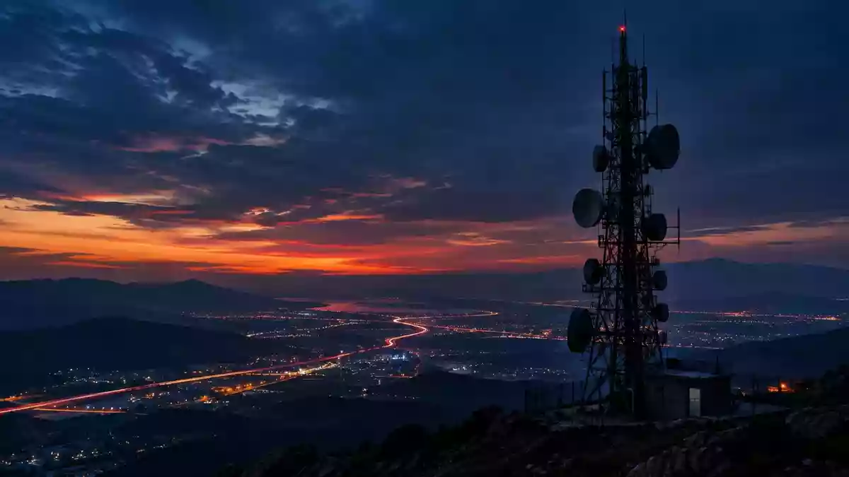 Eine weitläufige Mobilfunkantenne bei Dämmerung über einer nächtlichen Stadtlandschaft. Illustration mit AI erstellt.