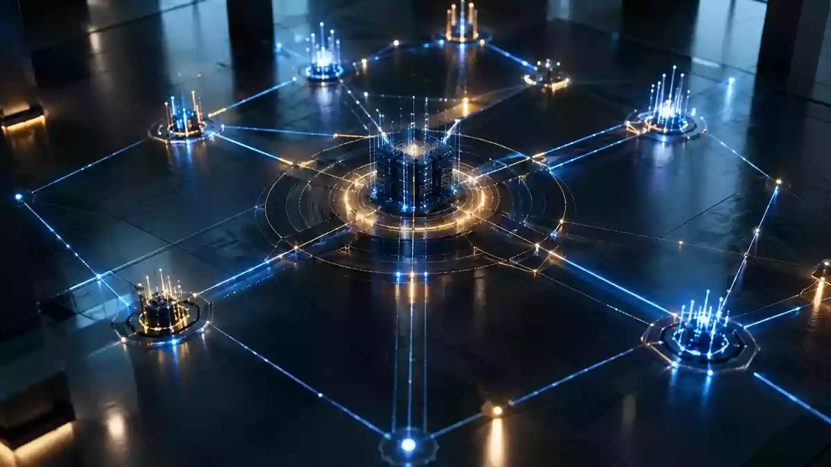Abstrakte Lichtstrukturen und ein komplexes Netzwerk in einem dunklen, modernen Raum symbolisieren Sicherheitsarchitektur und digitale Integrität. Illustration mit AI erstellt.