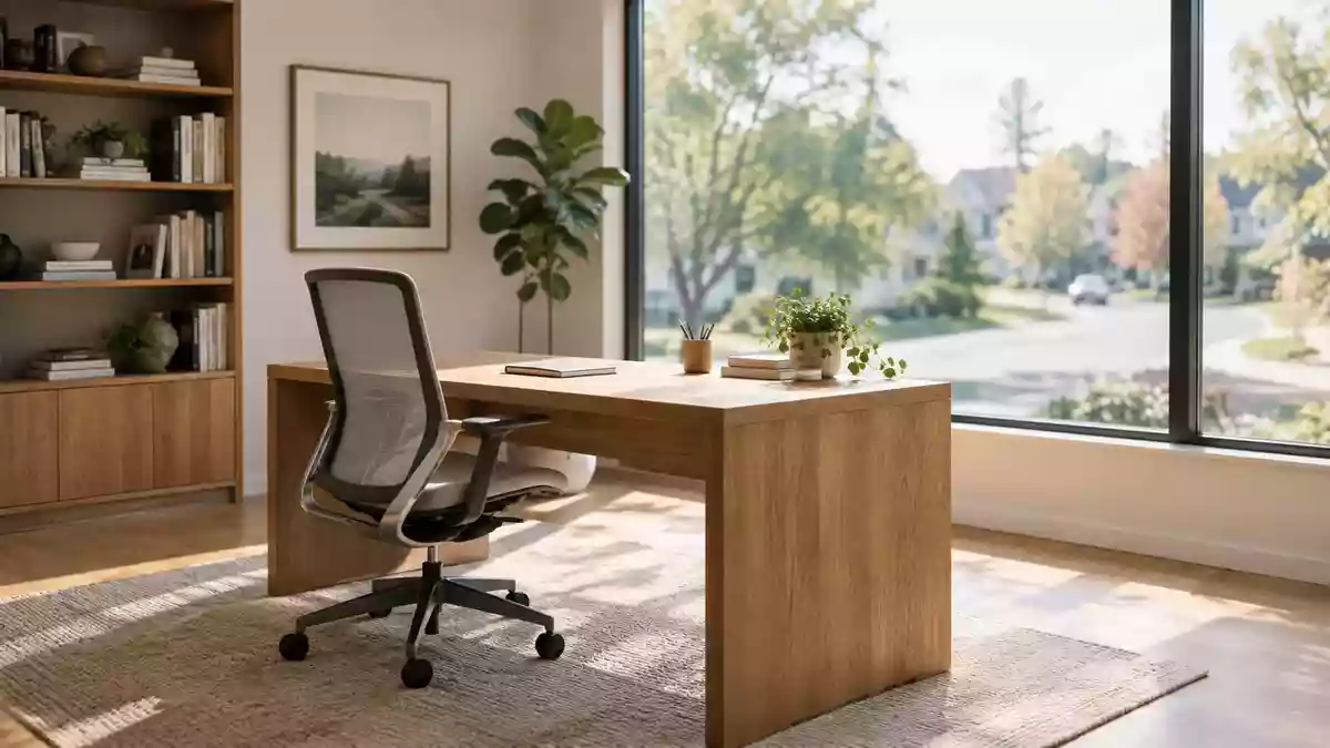 Ein aufgeräumter, minimalistischer Arbeitsplatz in einem hellen Raum mit Tageslicht und Blick aus dem Fenster. Illustration mit AI erstellt.