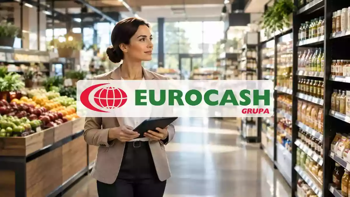 Moderne, aufgeräumte Verkaufsfläche eines Lebensmitteleinzelhandelsgeschäfts mit Fokus auf unternehmerische Expansion. Illustration mit AI erstellt.