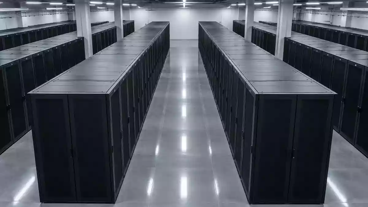 Reihen von schwarzen Server-Racks in einem modernen, industriellen Rechenzentrum bei kühler Beleuchtung. Illustration mit AI erstellt.