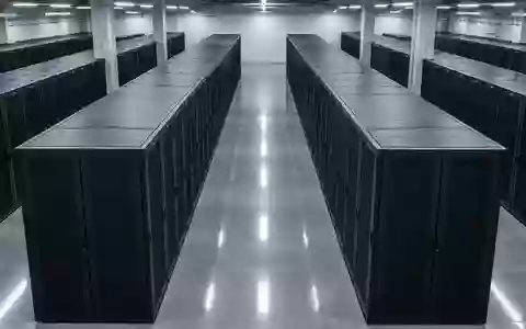 Reihen von schwarzen Server-Racks in einem modernen, industriellen Rechenzentrum bei kühler Beleuchtung. - Foto: über boerse-global.de