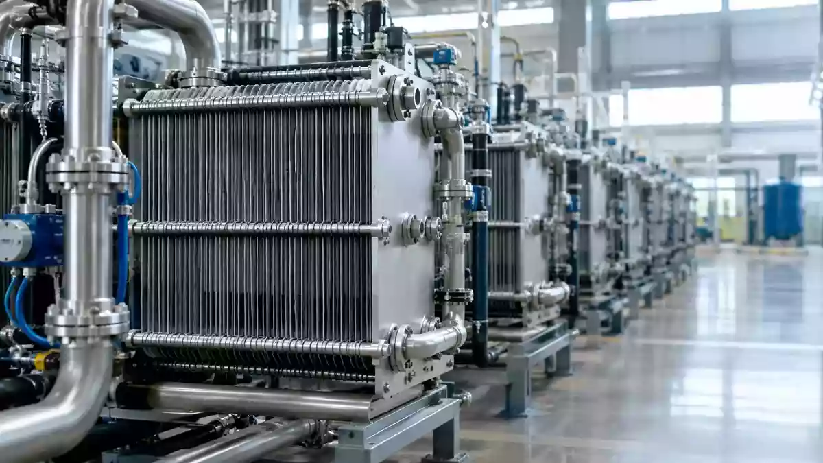 Moderne Elektrolyseure in einer Industriehalle zur Wasserstoffproduktion. Illustration mit AI erstellt.