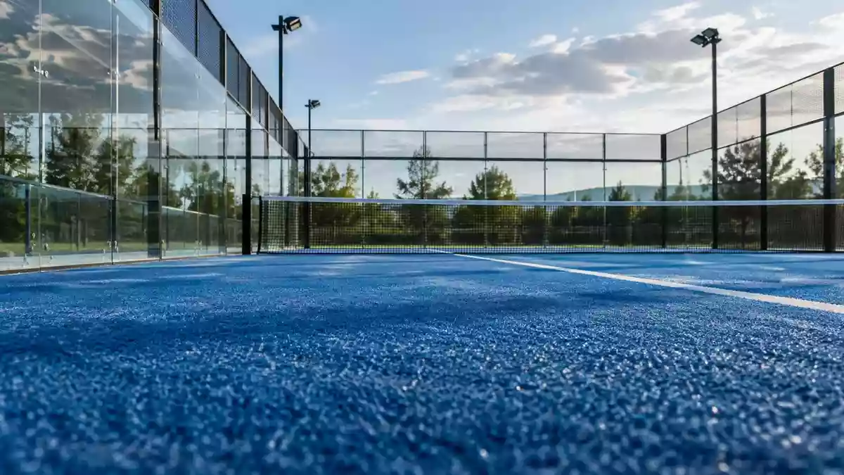 Ein leerer Padel-Platz mit blauem Kunstrasen und Glaswänden bei natürlichem Tageslicht. Illustration mit AI erstellt.