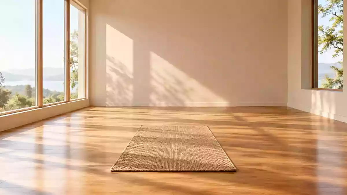 Eine leere, lichtdurchflutete Yogamatte auf einem hellen Holzboden in einem minimalistischen Raum. Illustration mit AI erstellt.