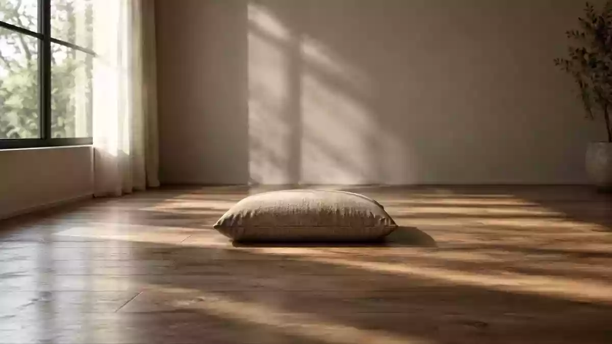 Ein minimalistischer, ruhiger Raum mit weichem Tageslicht und einem einzelnen Sitzkissen auf dem Boden. Illustration mit AI erstellt.