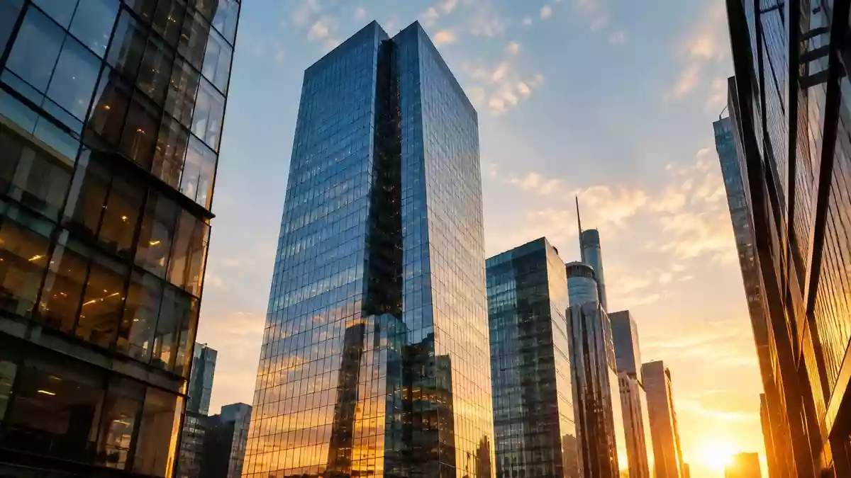 Moderne Bürogebäude im Frankfurter Finanzviertel bei Sonnenuntergang. Illustration mit AI erstellt.
