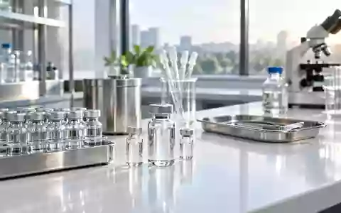 Ein modernes, steriles Labor mit Glasphiolen und medizinischen Geräten auf einem weißen Labortisch bei natürlichem Licht. - Foto: über boerse-global.de