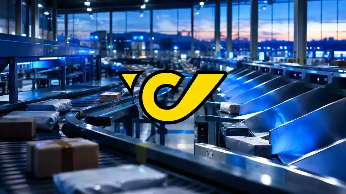Modernes Logistikzentrum mit automatisierten Sortieranlagen in blauem Licht als Symbol für Effizienz und Wachstum. Illustration mit AI erstellt.