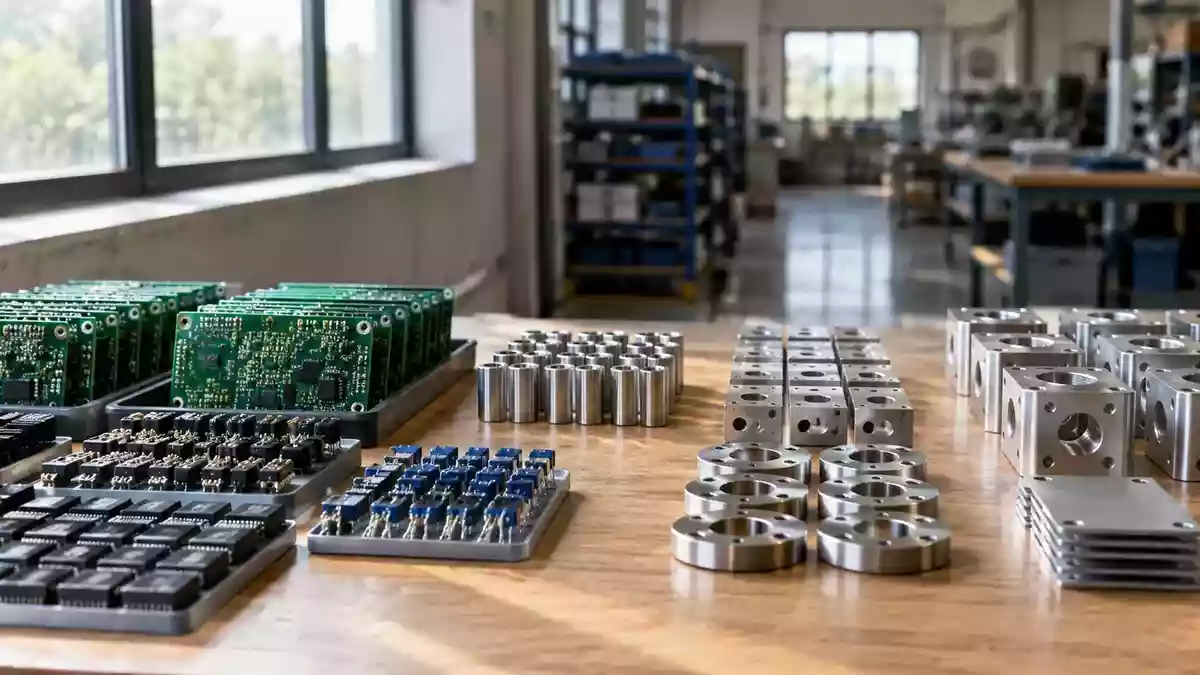 Sauberer Arbeitsplatz in einer Industriehalle mit elektronischen Bauteilen und Metallkomponenten auf einer Werkbank. Illustration mit AI erstellt.