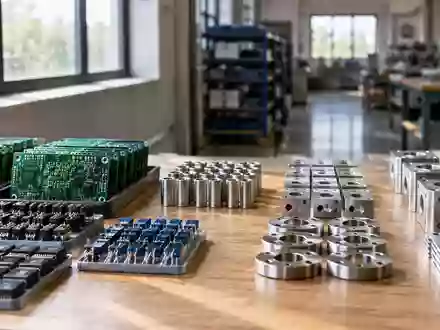 Sauberer Arbeitsplatz in einer Industriehalle mit elektronischen Bauteilen und Metallkomponenten auf einer Werkbank. - Foto: über boerse-global.de