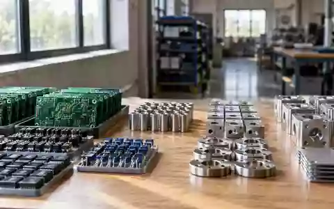 Sauberer Arbeitsplatz in einer Industriehalle mit elektronischen Bauteilen und Metallkomponenten auf einer Werkbank. - Foto: über boerse-global.de