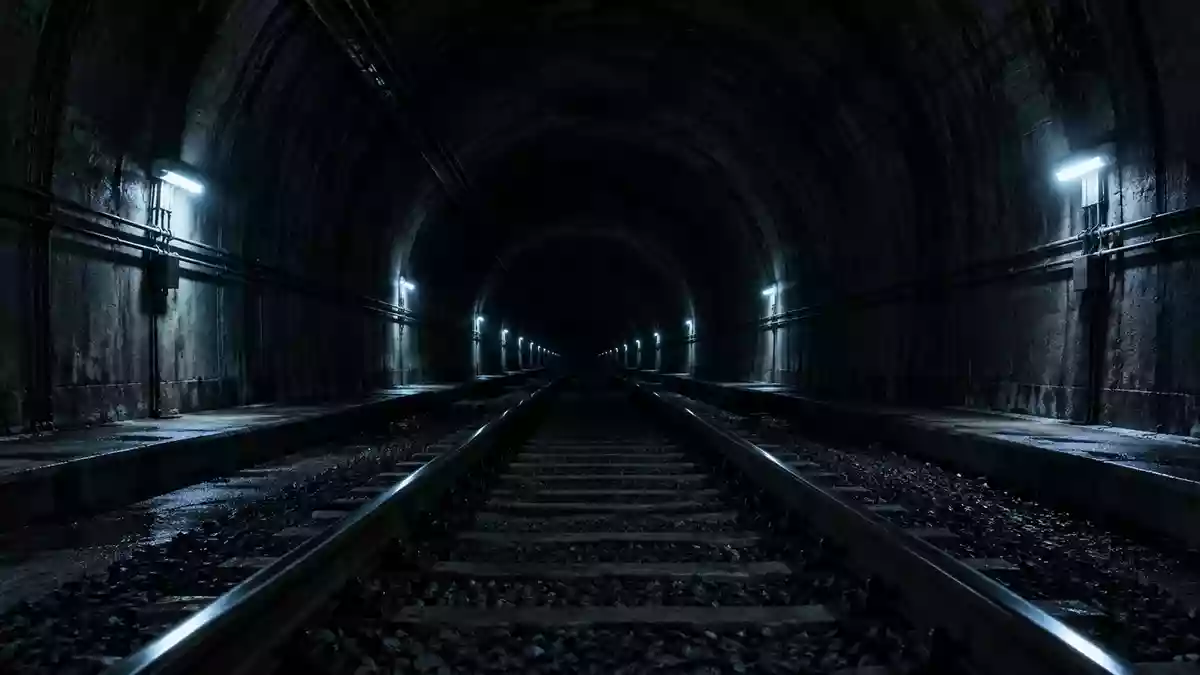 Leerer Eisenbahntunnel mit Schienen und Notbeleuchtung Illustration mit AI erstellt.
