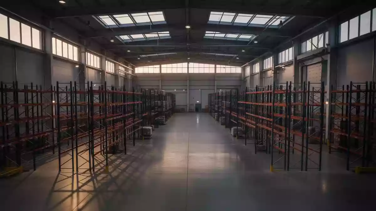 Weitläufiges, leeres Logistikzentrum mit hohen Lagerregalen und poliertem Betonboden in einer Industriehalle. Illustration mit AI erstellt.