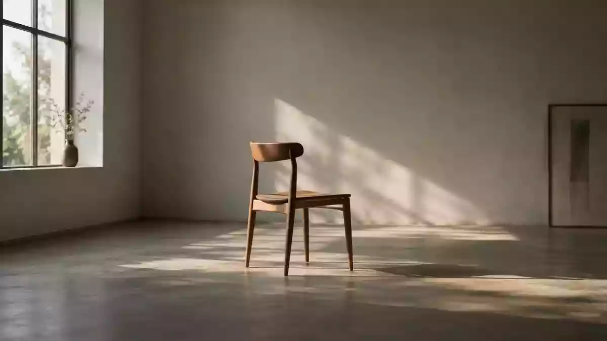 Ein ruhiger, minimalistischer Raum mit einem einzelnen Stuhl in der Mitte, beleuchtet durch sanftes Tageslicht. Illustration mit AI erstellt.