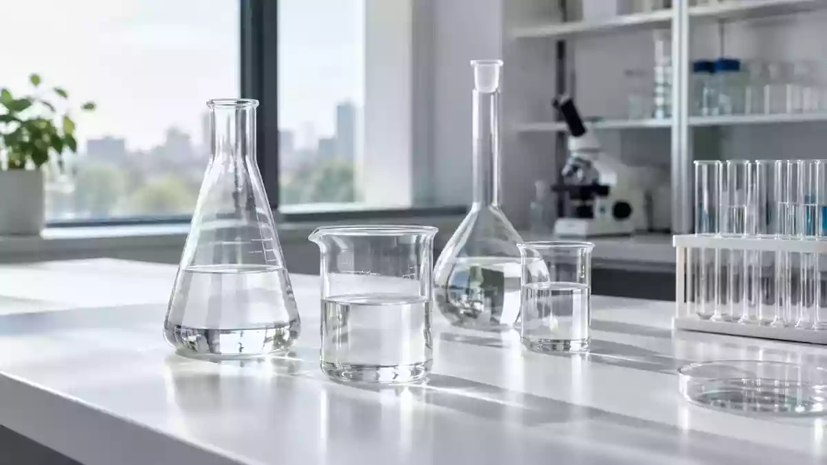 Ein minimalistisches Labor-Setting mit leeren Glasbechern auf einer weißen Arbeitsfläche bei natürlichem Licht. Illustration mit AI erstellt.