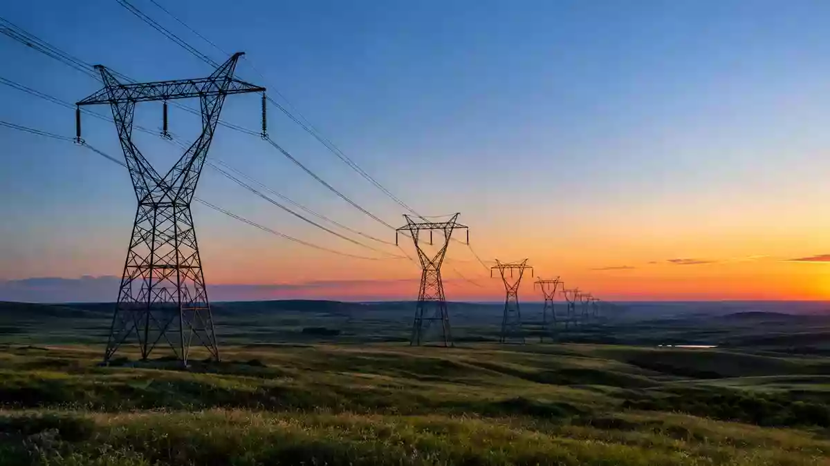 Hochspannungsmasten in einer weitläufigen Industrielandschaft bei Dämmerung als Symbol für Energieinfrastruktur. Illustration mit AI erstellt.