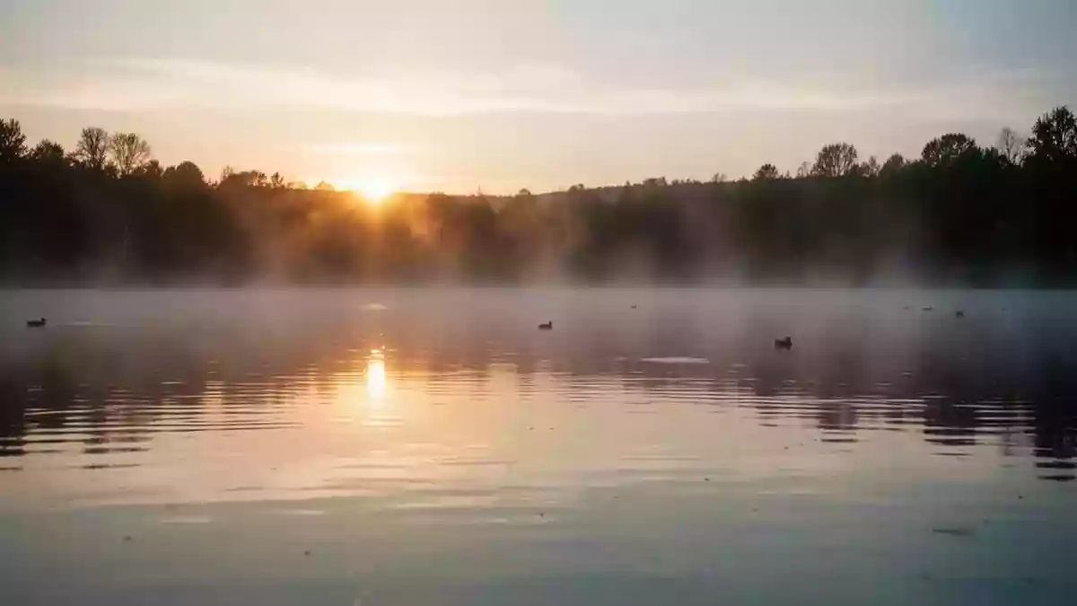 Symbolbild: ruhiger See bei Sonnenaufgang Illustration mit AI erstellt.