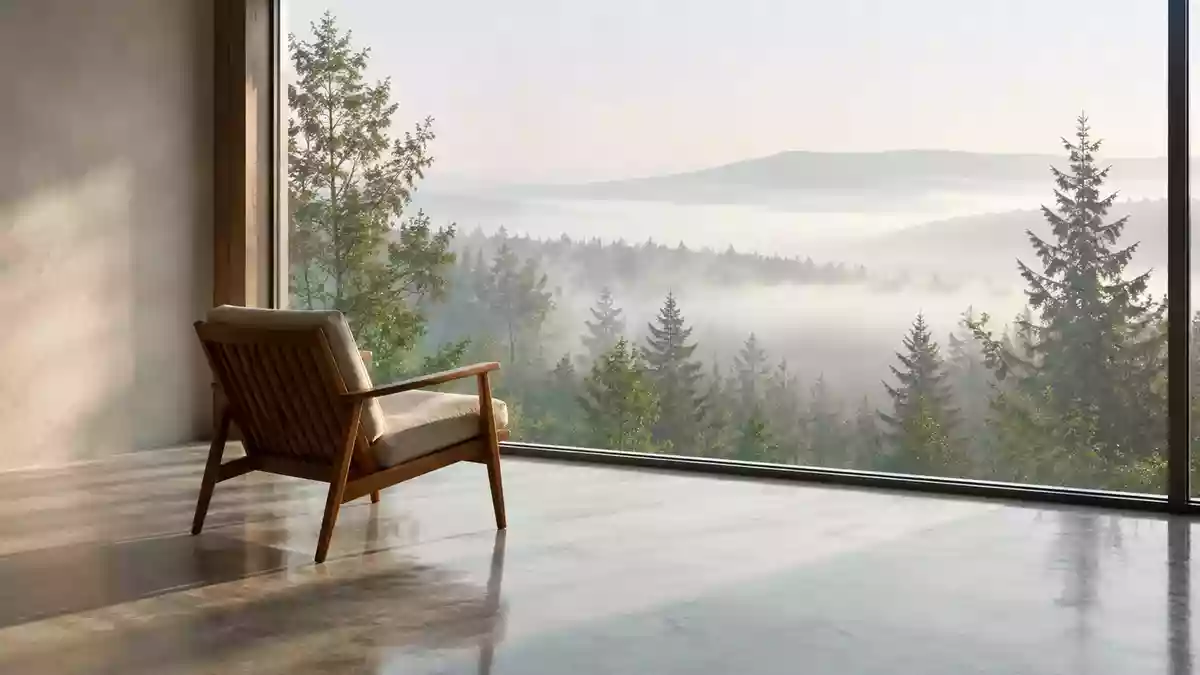 Ein ruhiger, minimalistischer Raum mit einem Stuhl vor einem großen Fenster, das den Blick auf einen nebligen Wald freigibt. Illustration mit AI erstellt.