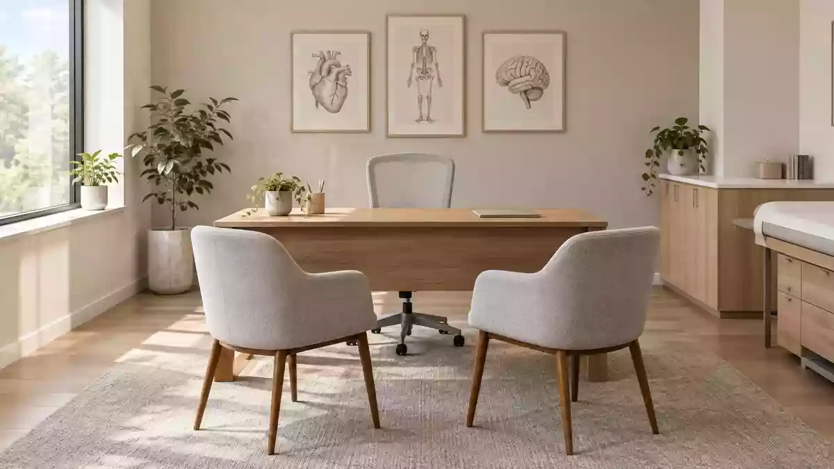 Ein heller, modern eingerichteter Arzt-Beratungsraum mit zwei Stühlen und einem Schreibtisch in ruhiger, professioneller Atmosphäre. Illustration mit AI erstellt.
