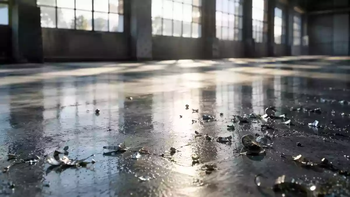 Metallspäne auf einem Werkstattboden in einer industriellen Umgebung bei natürlichem Lichteinfall. Illustration mit AI erstellt.