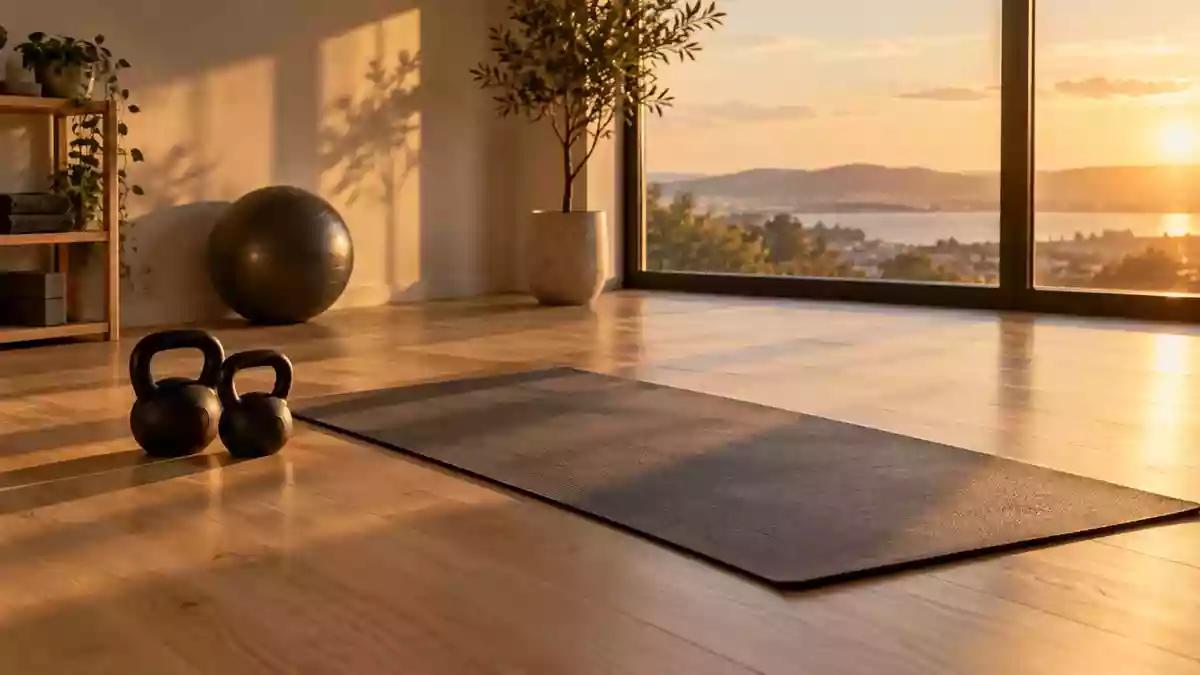Eine minimalistische Sportecke in einem hellen Raum mit einer ausgerollten Yogamatte und Kettlebells bei natürlichem Licht. Illustration mit AI erstellt.
