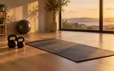Eine minimalistische Sportecke in einem hellen Raum mit einer ausgerollten Yogamatte und Kettlebells bei natürlichem Licht. - Foto: über boerse-global.de