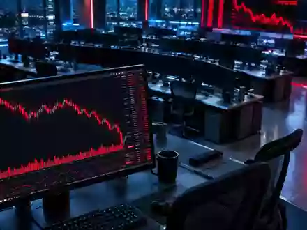 Ein fallender Aktienchart auf einem Monitor in einem modernen, schwach beleuchteten Handelsraum. - Foto: über boerse-global.de