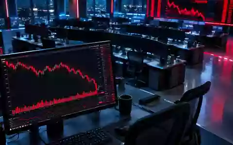 Ein fallender Aktienchart auf einem Monitor in einem modernen, schwach beleuchteten Handelsraum. - Foto: über boerse-global.de