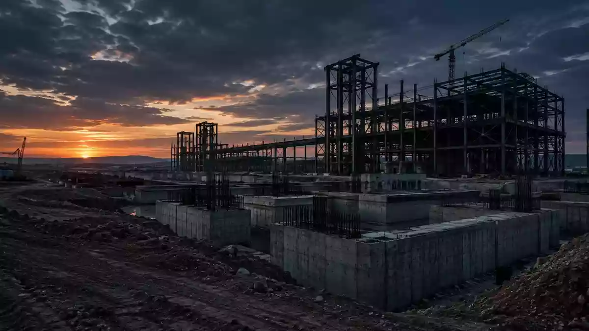 Eine weitläufige, verlassene Industriebaustelle mit massiven Betonfundamenten und Stahlgerüsten in der Dämmerung. Illustration mit AI erstellt.