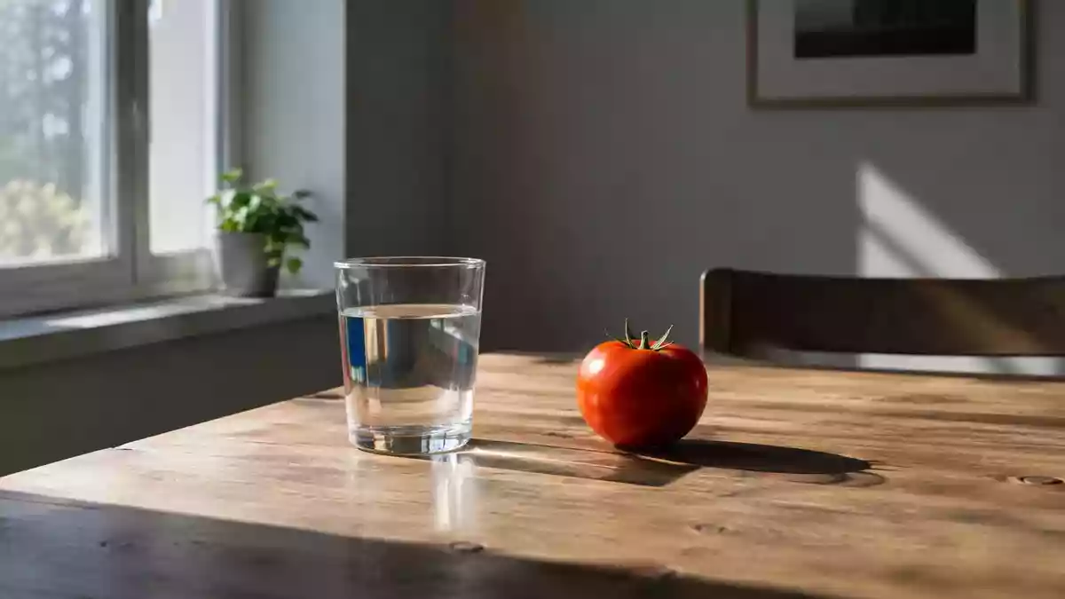 Ein Glas Wasser und ein frisches Gemüse auf einem Holztisch bei natürlichem Morgenlicht. Illustration mit AI erstellt.