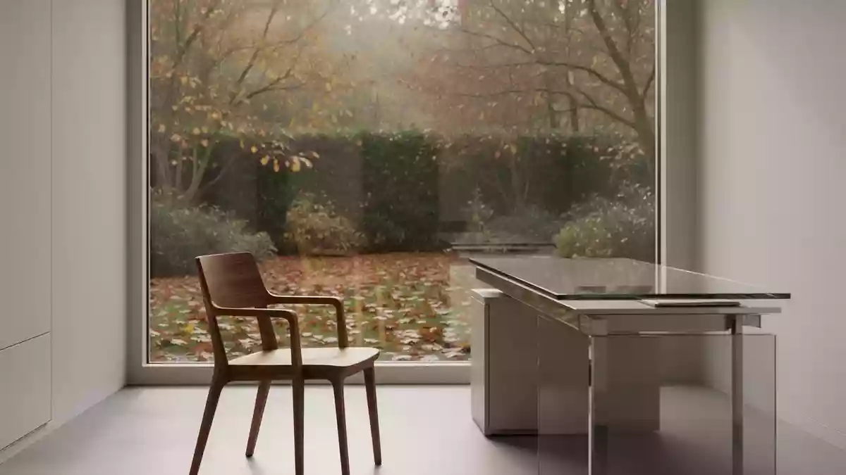 Ein minimalistischer, heller medizinischer Beratungsraum mit Blick auf einen herbstlichen Garten. Illustration mit AI erstellt.