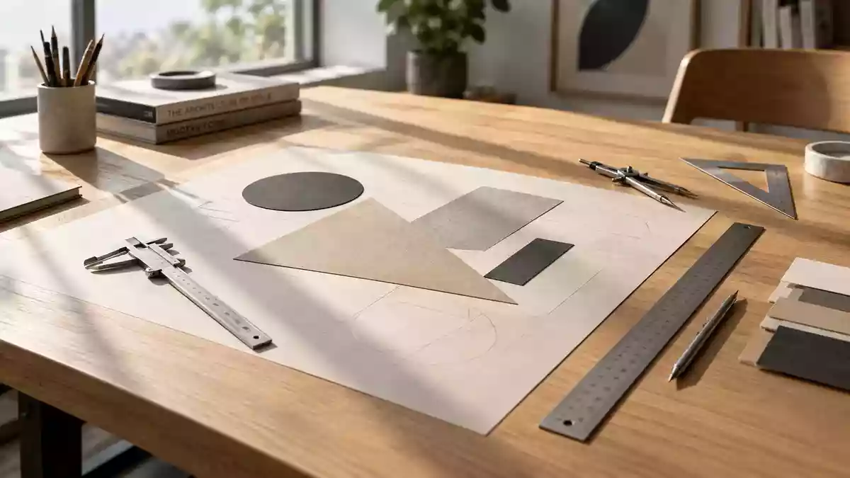 Minimalistischer Arbeitsplatz mit geometrischen Formen und technischem Zeichenwerkzeug auf einem Holztisch. Illustration mit AI erstellt.