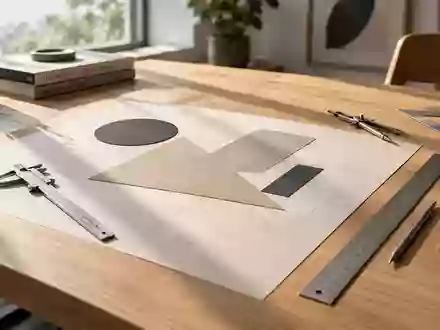 Minimalistischer Arbeitsplatz mit geometrischen Formen und technischem Zeichenwerkzeug auf einem Holztisch. - Foto: über boerse-global.de