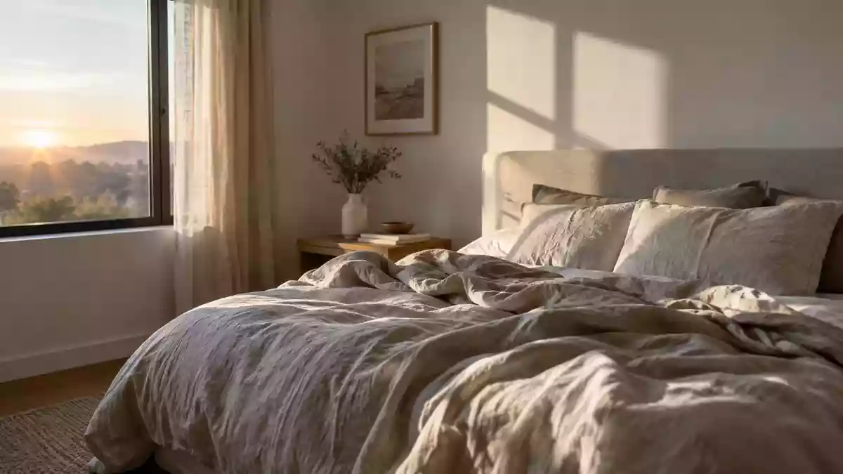 Ein minimalistisch eingerichtetes Schlafzimmer mit neutraler Bettwäsche in der Morgendämmerung. Illustration mit AI erstellt.