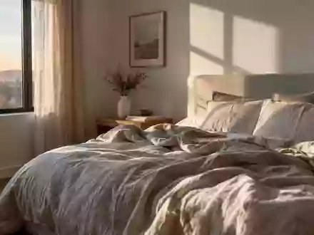 Ein minimalistisch eingerichtetes Schlafzimmer mit neutraler Bettwäsche in der Morgendämmerung. - Foto: über boerse-global.de