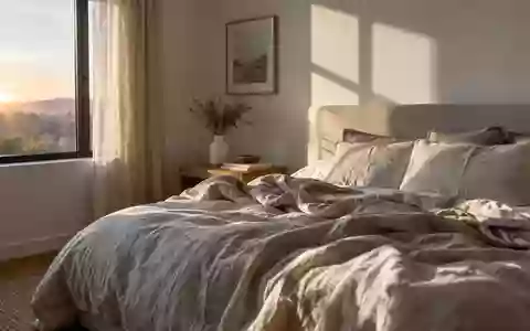 Ein minimalistisch eingerichtetes Schlafzimmer mit neutraler Bettwäsche in der Morgendämmerung. - Foto: über boerse-global.de