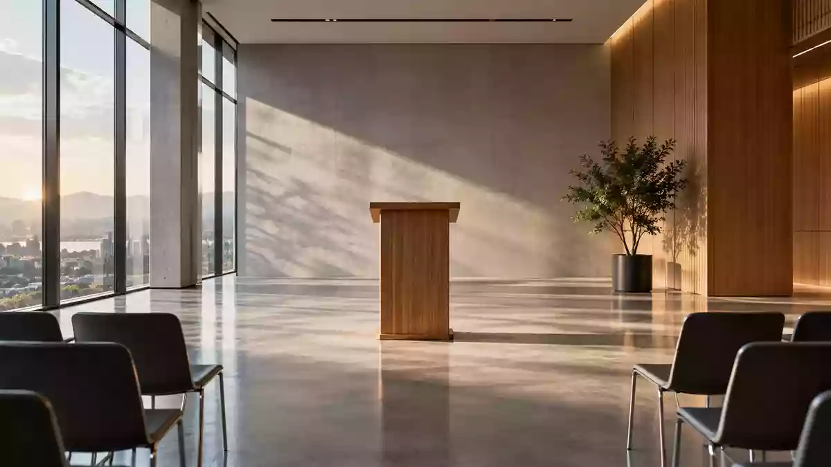 Ein leerer, modern gestalteter Konferenzraum mit einem hölzernen Rednerpult vor einer Fensterfront. Illustration mit AI erstellt.
