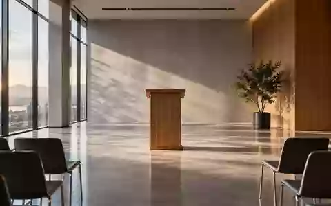 Ein leerer, modern gestalteter Konferenzraum mit einem hölzernen Rednerpult vor einer Fensterfront. - Foto: über boerse-global.de