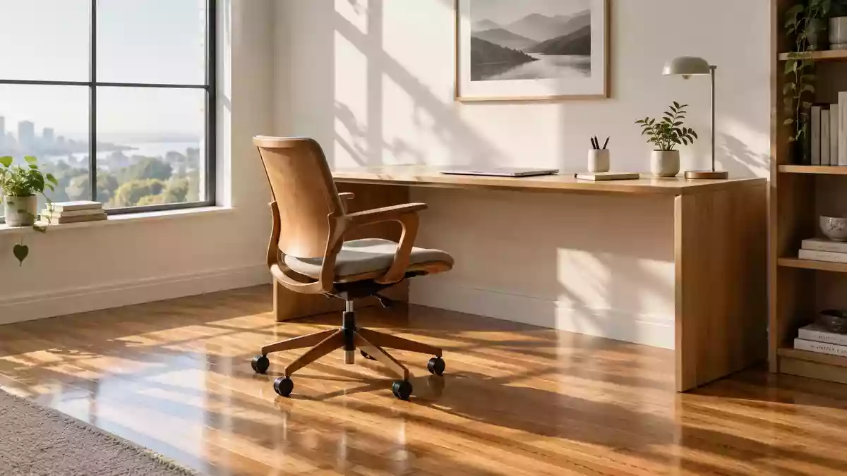 Ein leerer, ergonomischer Bürostuhl vor einem aufgeräumten Schreibtisch in einem hellen, sonnendurchfluteten Raum. Illustration mit AI erstellt.