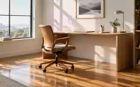 Ein leerer, ergonomischer Bürostuhl vor einem aufgeräumten Schreibtisch in einem hellen, sonnendurchfluteten Raum. - Foto: über boerse-global.de
