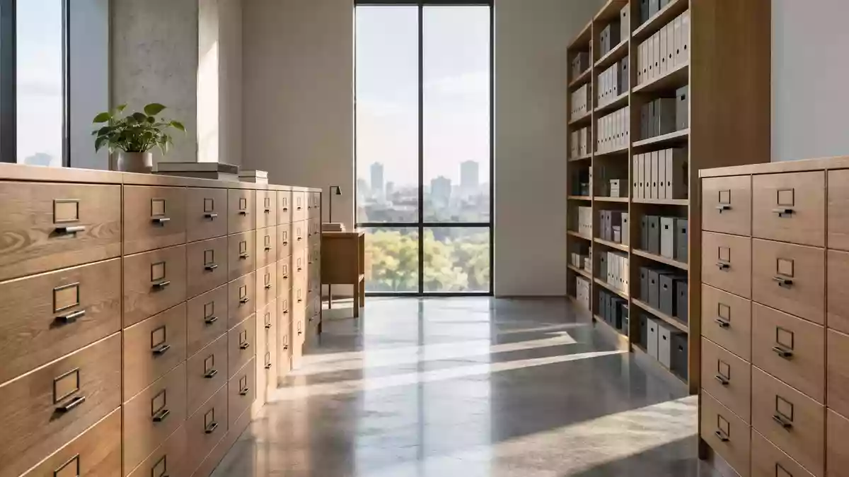Ein minimalistischer, moderner Archivraum mit leeren Aktenschränken und Regalen in natürlichem Licht. Illustration mit AI erstellt.