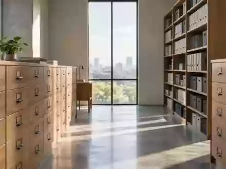 Ein minimalistischer, moderner Archivraum mit leeren Aktenschränken und Regalen in natürlichem Licht. - Foto: über boerse-global.de