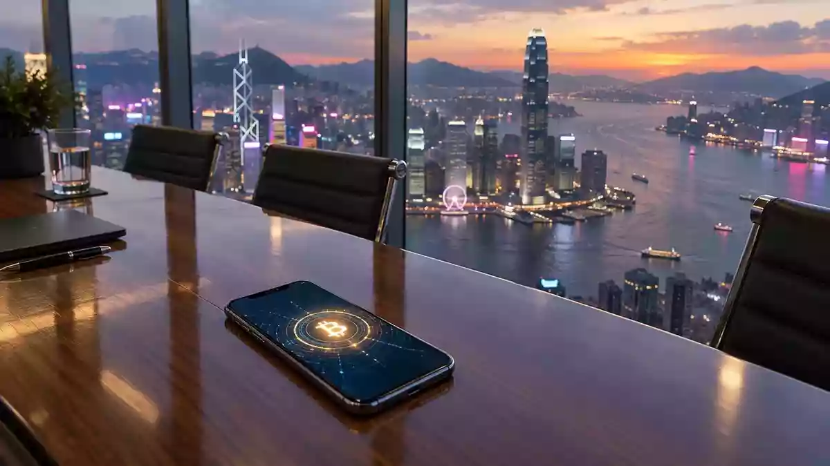 Ein Smartphone mit einem digitalen Währungssymbol in einem modernen Konferenzraum mit Blick auf die Skyline von Hongkong. Illustration mit AI erstellt.