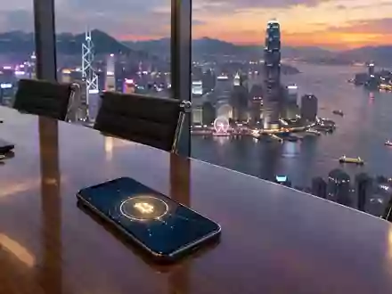 Ein Smartphone mit einem digitalen Währungssymbol in einem modernen Konferenzraum mit Blick auf die Skyline von Hongkong. - Foto: über boerse-global.de