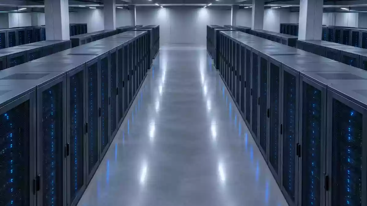 Ein minimalistischer Serverraum mit symmetrischen, unbeschrifteten Serverschränken in einer kühlen, industriellen Umgebung. Illustration mit AI erstellt.