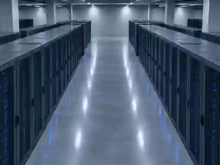 Ein minimalistischer Serverraum mit symmetrischen, unbeschrifteten Serverschränken in einer kühlen, industriellen Umgebung. - Foto: über boerse-global.de