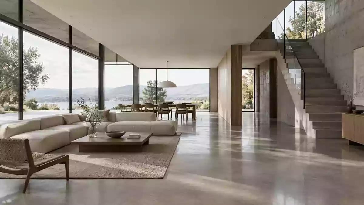 Minimalistisches, modernes Interieur mit klaren Linien und natürlichem Lichteinfall in einer ruhigen, architektonischen Umgebung. Illustration mit AI erstellt.