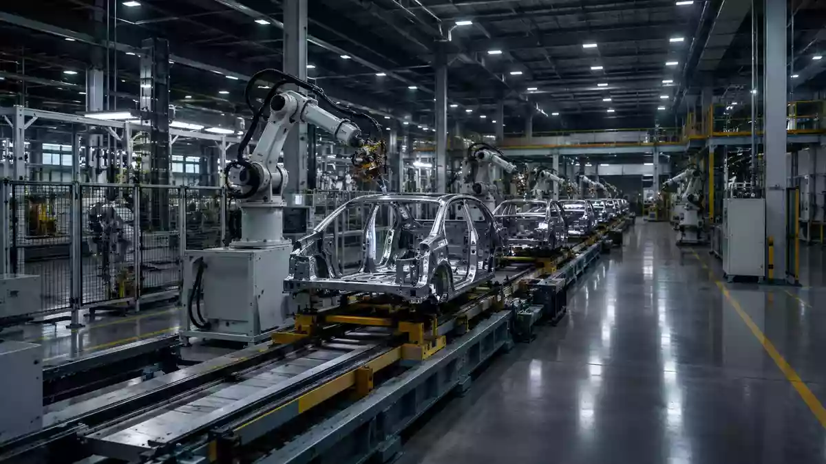 Eine moderne, hochtechnisierte industrielle Fertigungsanlage mit automatisierten Montagelinien in einer großen Fabrikhalle. Illustration mit AI erstellt.