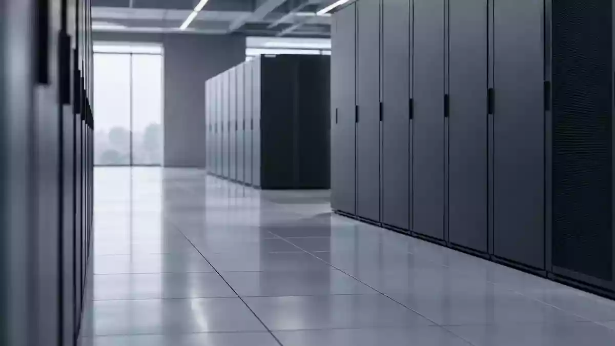 Minimalistisches Interieur eines modernen Serverraums mit schlichten, matten Industrieschränken in kühlem Licht. Illustration mit AI erstellt.